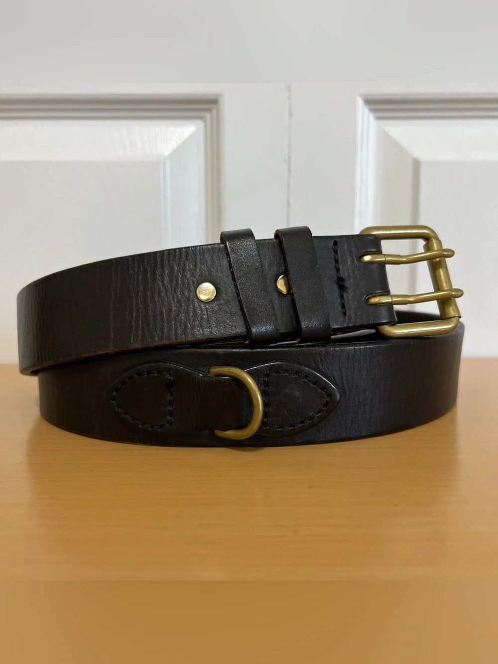 C.C. Filson Men's Dark Brown Double Prong Leather Belt with Brass Buckle Size 42
